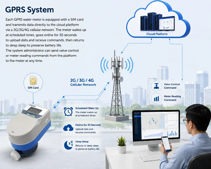 GPRS water meter communication workflow diagram - water meter transmits data to cloud platform via 2G/3G/4G network, then to web and mobile interface GPRS water meter communication workflow diagram - water meter transmits data to cloud platform via 2G/3G/4G network, then to web and mobile interface